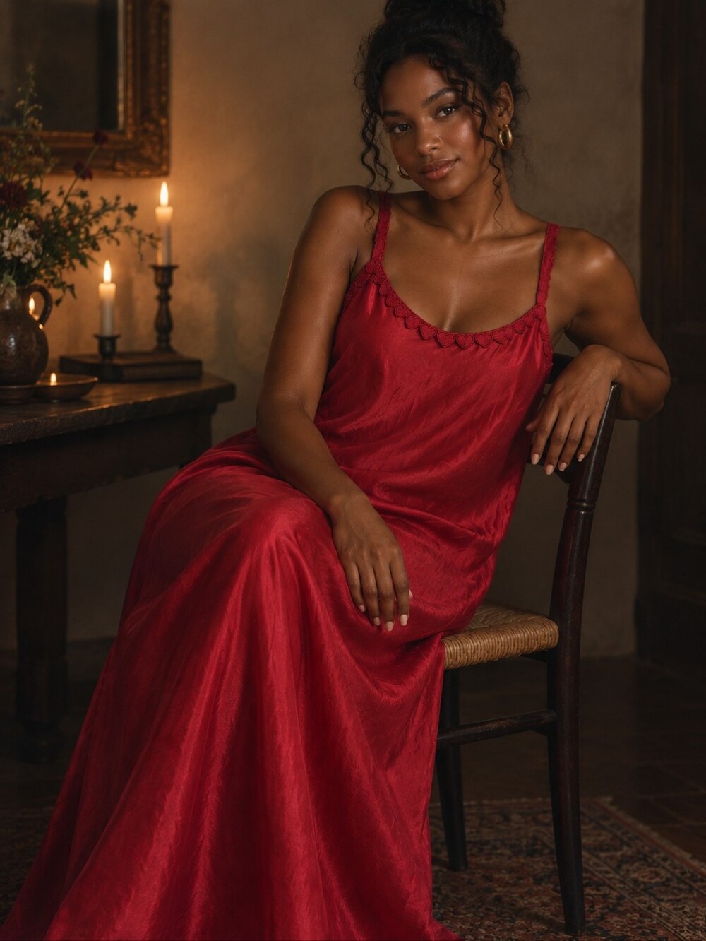 Vintage Y2k Dark Romantic Red Maxi Slip Dress Sz 1X Femanine Heart Embroidery